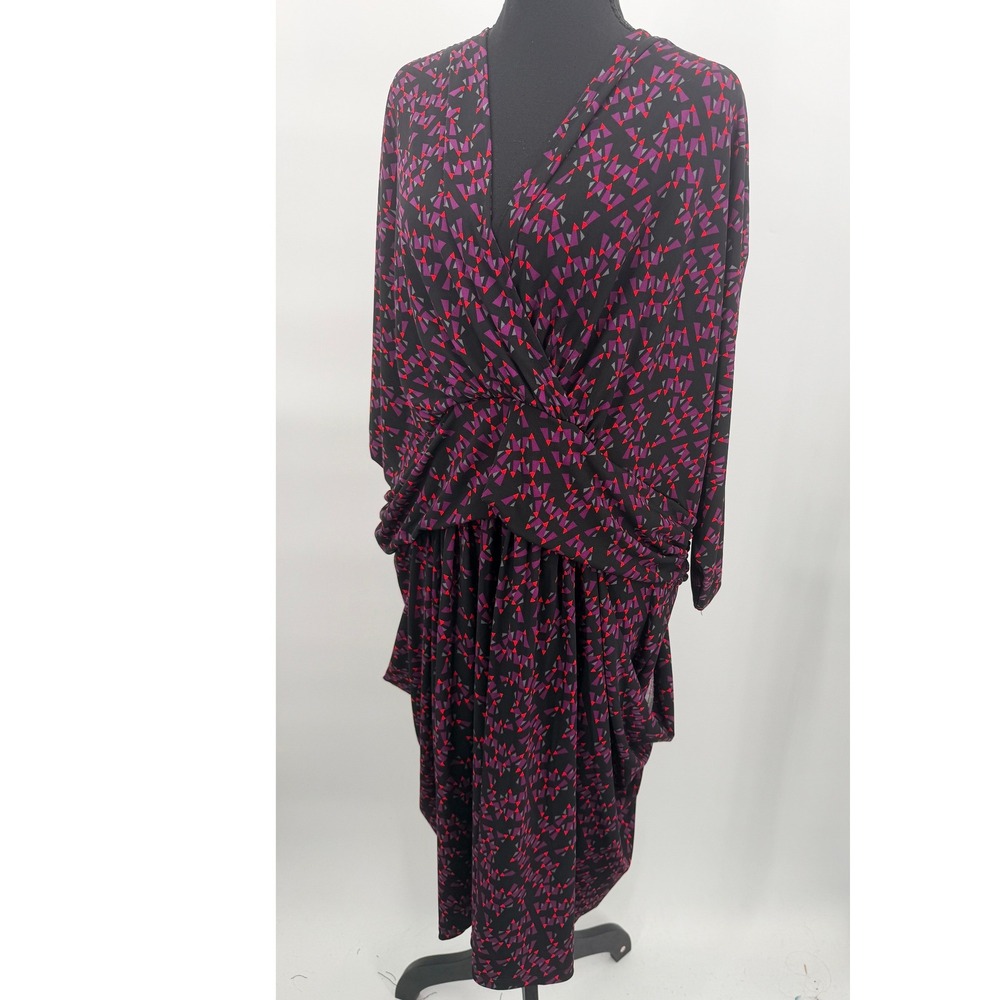 Miss Tina Draped Dress Women 3X Garnet Pyramid Print Good Twist Front Batwing